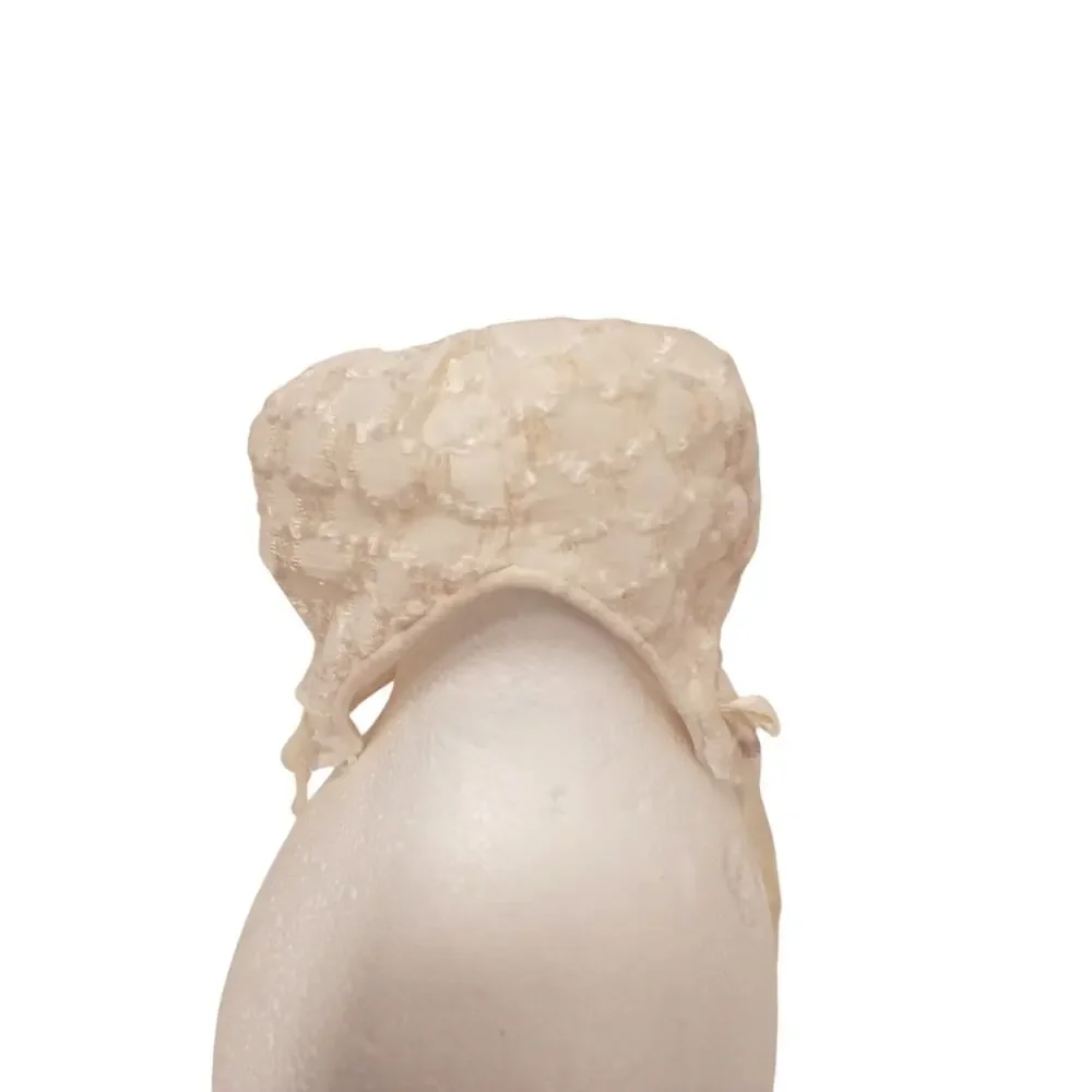 Antique Baby Bonnet Size Small Ivory Ruffled Lace Light Yellow Infant 0-2 Months